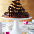 Jam-Filled Cake with Chocolate Glaze, Topped with Glazed Raspberry Cream Puffs