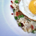 Bacon and Green Pea Risotto with Fried Eggs