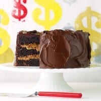 Chocolate Cake with Milk-Chocolate Crunch and Caramel Sauce