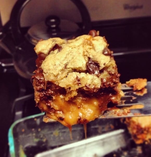 Chocolate Chip Cookie Bars with Salted Caramel Layer