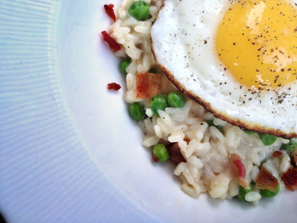 Bacon and Green Pea Risotto with Fried Eggs Modern Day Moms