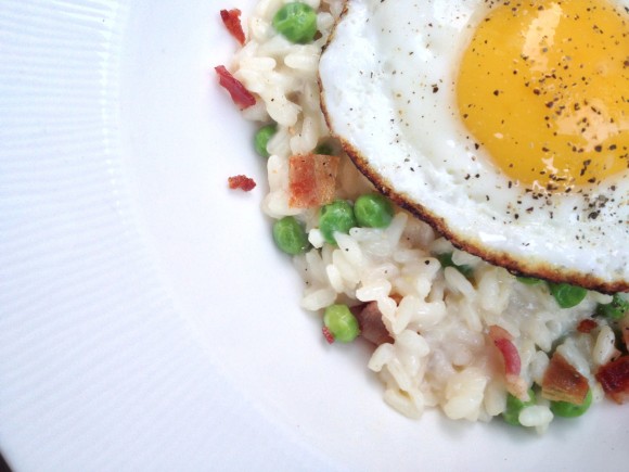 Bacon and Green Pea Risotto with Fried Eggs