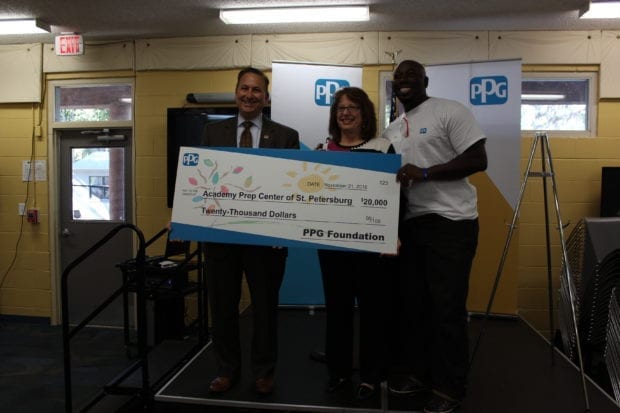 Mayor of St. Petersburg, Rick Kriseman; Gina Burkett, head of Academy Prep; Robb Butler, PPG